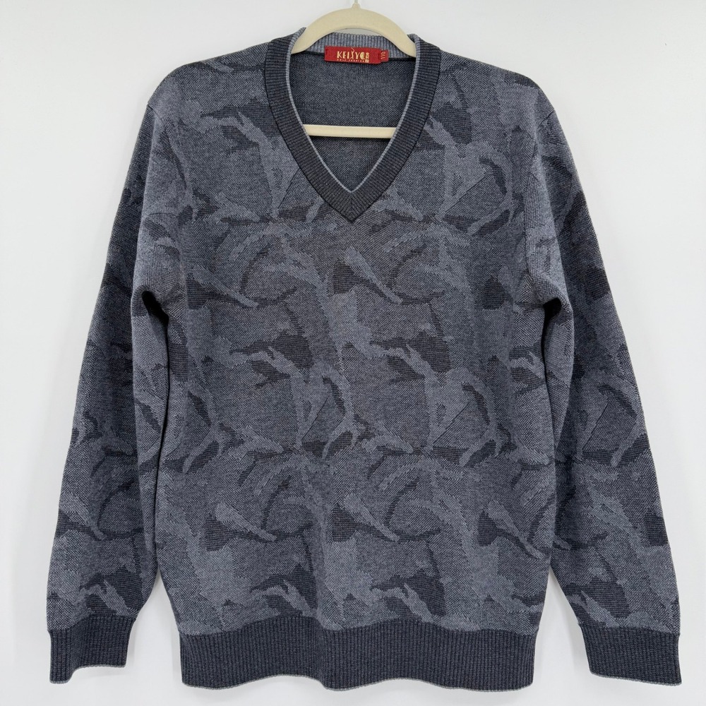 100% Pure New Wool Blue Gray Abstract Print V-Neck Sweater Size 110- US Medium